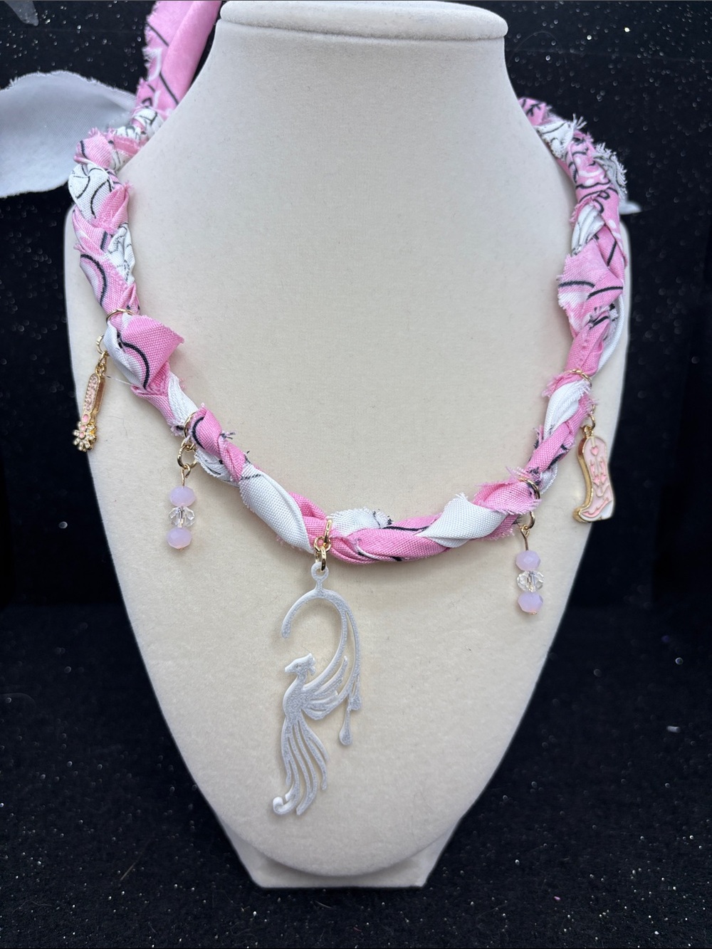 Handmade Pink Western Charm Necklace | Phoenix Pendant, Cowgirl Boot & Horseshoe - Picture 3 of 6